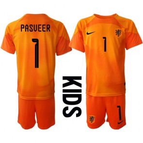 Lacne Dětský Futbalové dres Holandsko Remko Pasveer #1 Brankarsky  MS 2022 Krátky Rukáv - Preč (+ trenírky)